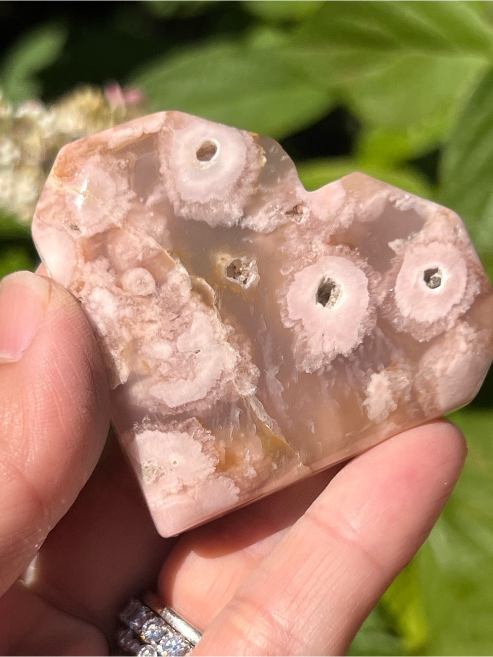 Pink (3) flower agate heart with stand | Crystal